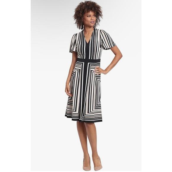 London Times Women's Striped Knee Jersey Midi Dress Black Taupe Career Office - Picture 1 of 11